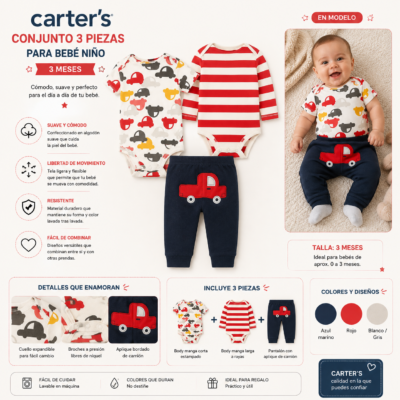 Conjunto 3 Piezas para Bebé Niño con Autos y Camión | Carter’s | 3 Meses