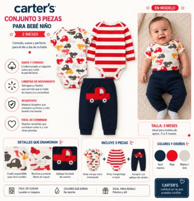 Conjunto 3 Piezas para Bebé Niño con Autos y Camión | Carter’s | 3 Meses