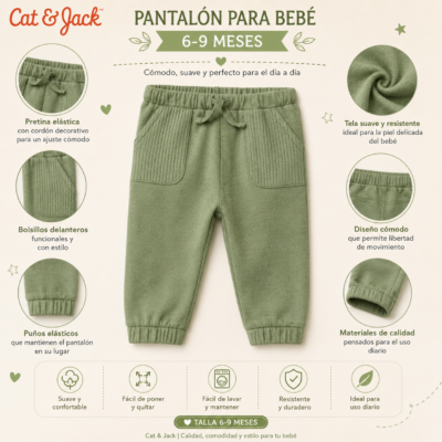 Pantalón Verde con Bolsillos y Cordón – Cat & Jack 6–9 Meses