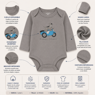 Body Gris de Manga Larga con Estampado de Motocicleta – Carter’s 12 Meses