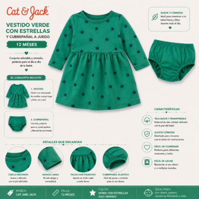 2025/08/1000155228.png Vestido verde con estrellas y cubrepañal Cat & Jack – 12 meses ⭐💚