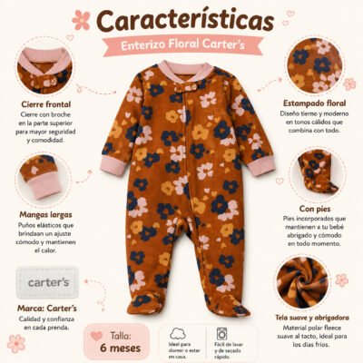 Enterizo Floral para Bebé Carter’s 6 Meses – Con Pies y Cierre Frontal