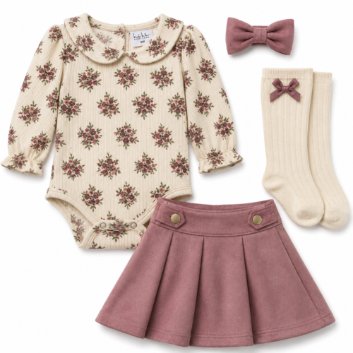 Conjunto Nicole Miller® 5 Piezas para Bebé Niña – Body Floral, Falda, Medias y Moño | 9 Meses