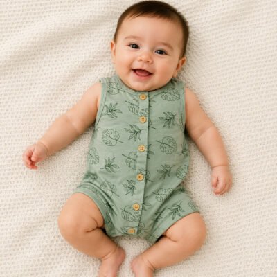 2025/10/1000152443.png Romper Verde con Estampado de Hojas Minibean 0/3 Meses