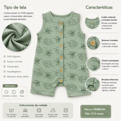 2025/10/1000152444.png Romper Verde con Estampado de Hojas Minibean 0/3 Meses