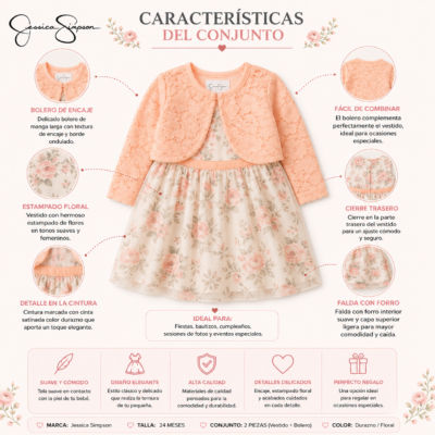 Conjunto Floral con Bolero de Encaje – Jessica Simpson 24 Meses