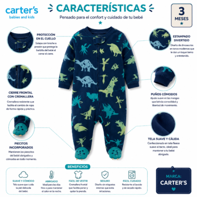 Mono Enterizo Térmico para Bebé con Dinosaurios – Carter’s 3 Meses
