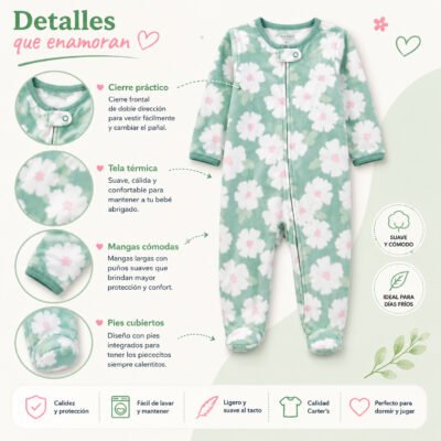 Mono Térmico Carter's con Estampado Floral Verde Agua para Bebé Niña – Talla 4