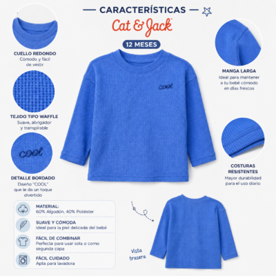 Camiseta Térmica Azul de Manga Larga – Cat & Jack 12 Meses