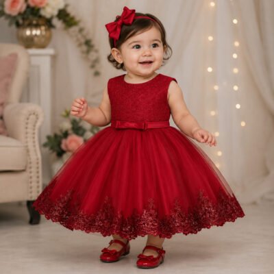 Vestido Rojo de Fiesta con Encaje – 24 Meses