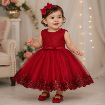 Vestido Rojo de Fiesta con Encaje – 24 Meses