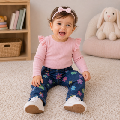 Pantalón Jeans Azul con Flores Multicolor para Niña Garanimals – 12 Meses