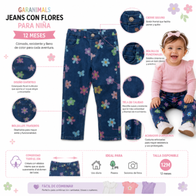 Pantalón Jeans Azul con Flores Multicolor para Niña Garanimals – 12 Meses