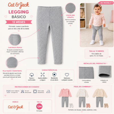 Pantalón Legging Gris Básico para Bebé Niña | Cat & Jack | 12 Meses