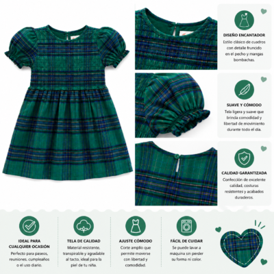 Vestido Cat & Jack Cuadros Verde para Niña – Talla 2