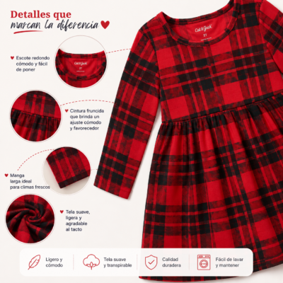 Vestido Ligero Cuadros Escoceses Rojo y Negro Cat & Jack para Niña – Talla 2