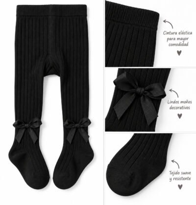 Panty medias para niña color negro con moños decorativos
