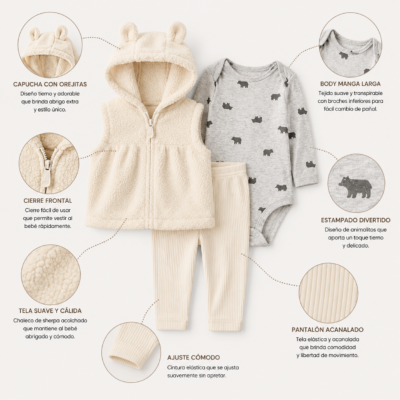 Conjunto de 3 Piezas para Bebé en Color Crema – Carter’s 6 Meses