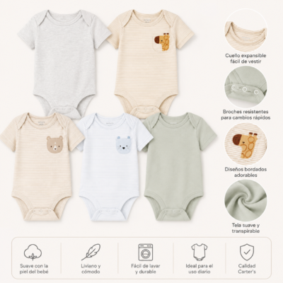 Set de 5 Bodies para Bebé – Carter’s 6 Meses