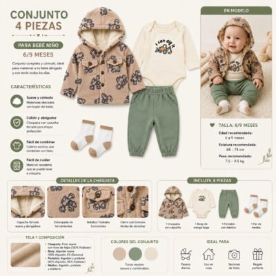 Conjunto de 4 Piezas para Bebé Niño con Chaqueta y Pantalón – 6/9 Meses