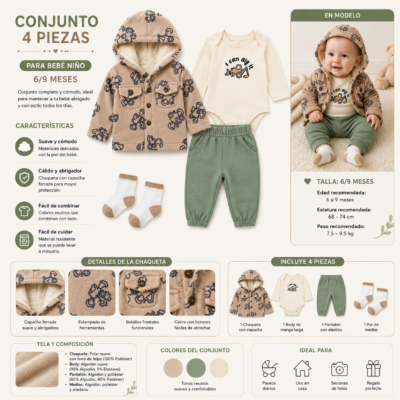 Conjunto de 4 Piezas para Bebé Niño con Chaqueta y Pantalón – 6/9 Meses