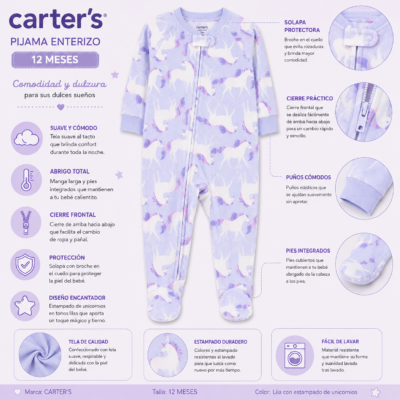 Pijama Enterizo Lila con Estampado de Unicornios – Carter’s 12 Meses