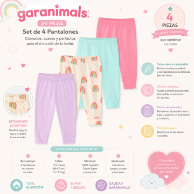 Set de 4 Pantalones Jogger Garanimals para Bebita Talla 3/6 Meses