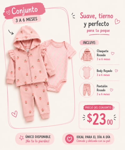 "Conjunto Carter's 3 Piezas para Bebita 3-6 Meses Rosa con Capucha"