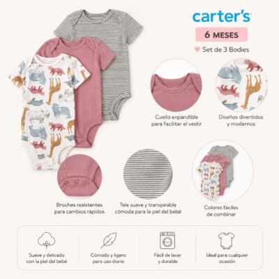 Set de 3 Bodies para Bebé – Carter’s 6 Meses