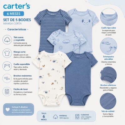 Set de 5 Bodies para Bebé – Carter’s 6 Meses