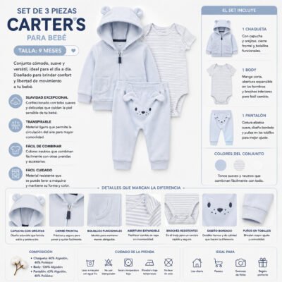 Set de 3 piezas para bebé Carter’s – 9 meses 🤍🐻
