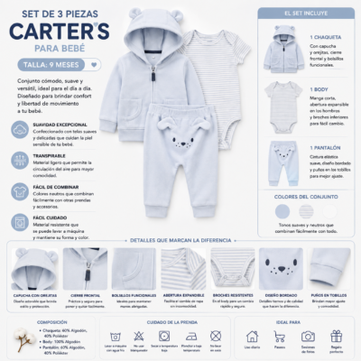 Set de 3 piezas para bebé Carter’s – 9 meses 🤍🐻