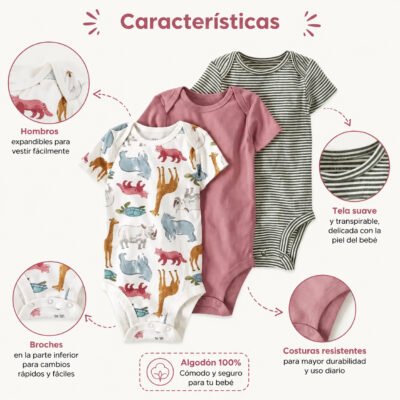 Set Carter’s de 3 bodys para bebé – 12 meses 🦒🦏💗