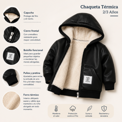 Chaqueta térmica con capucha para niño – Negra | 2-3 años