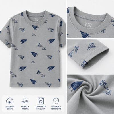 Camiseta Carter's para niño – Gris con estampado de cohetes | Talla 2T