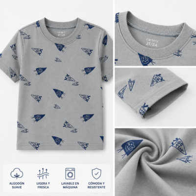 Camiseta Carter's para niño – Gris con estampado de cohetes | Talla 2T