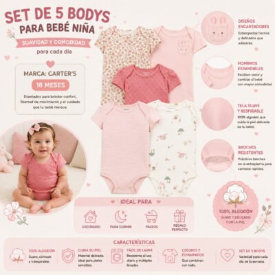 Set de 5 bodys Carter’s para bebé niña🌸👶