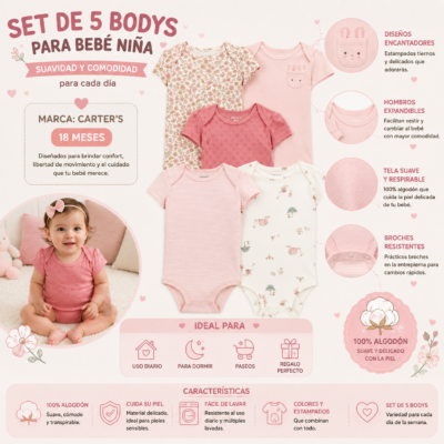 Set de 5 bodys Carter’s para bebé niña – 18 meses 🌸👶