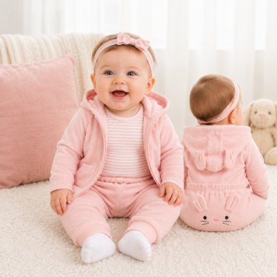 Conjunto Carter's 3 Piezas para Bebita Rosado con Orejitas – 3 Meses