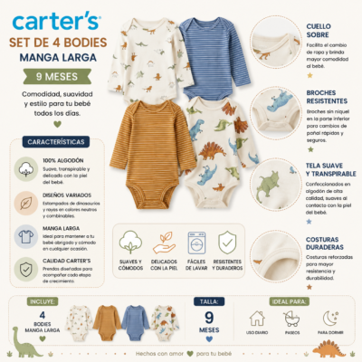Set de 4 Bodies para Bebé Dinosaurios – Carter’s 9 Meses