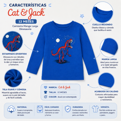 Camiseta Azul de Dinosaurio Manga Larga – Cat & Jack 12 Meses
