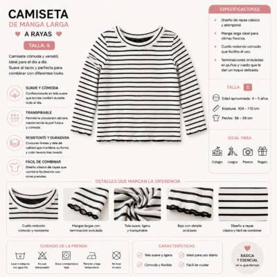 Camiseta de Manga Larga a Rayas Blanco y Negro para Niña – Talla 5