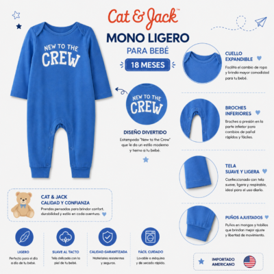 Mono Ligero Cat & Jack para Bebé 18 Meses – Azul "New to the Crew"