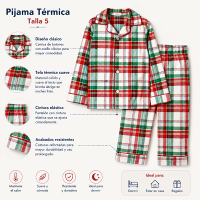 Pijama térmica Cat & Jack para niño – Cuadros navideños | Talla 5