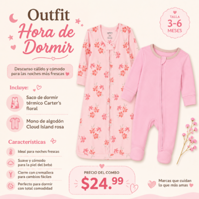 Combo Hora de Dormir Carter's + Cloud Island para Bebita 3–6 Meses – Saco Térmico Floral y Mono Rosa