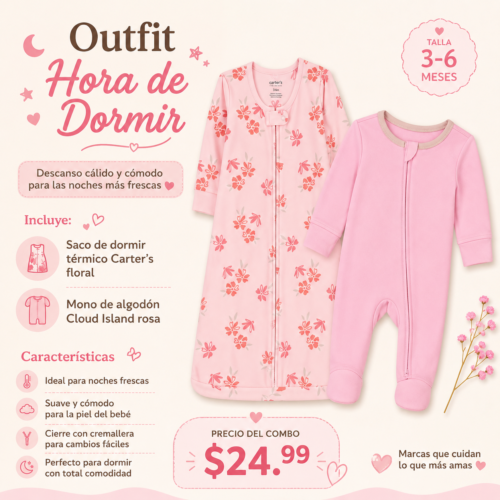 Combo Hora de Dormir Carter's + Cloud Island para Bebita 3–6 Meses – Saco Térmico Floral y Mono Rosa