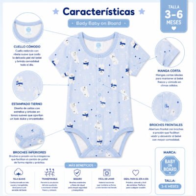 Body de Manga Corta para Bebé con Ositos – Baby on Board 3–6 Meses