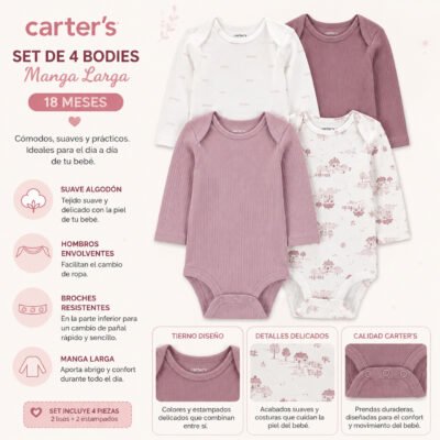 Set de 4 Bodies Manga Larga – Carter’s 18 Meses