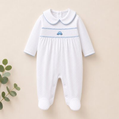 Mono Little English para Bebé Niño 6 Meses Blanco con Bordado de Carrito