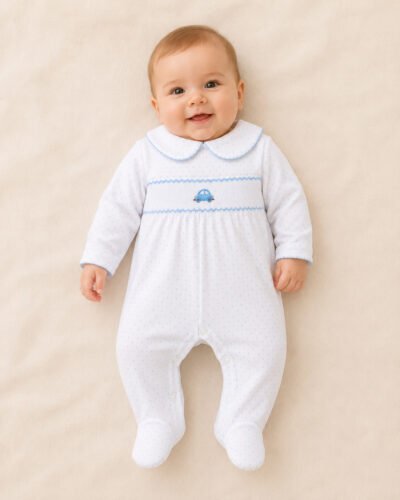 Mono Little English para Bebé Niño 6 Meses Blanco con Bordado de Carrito